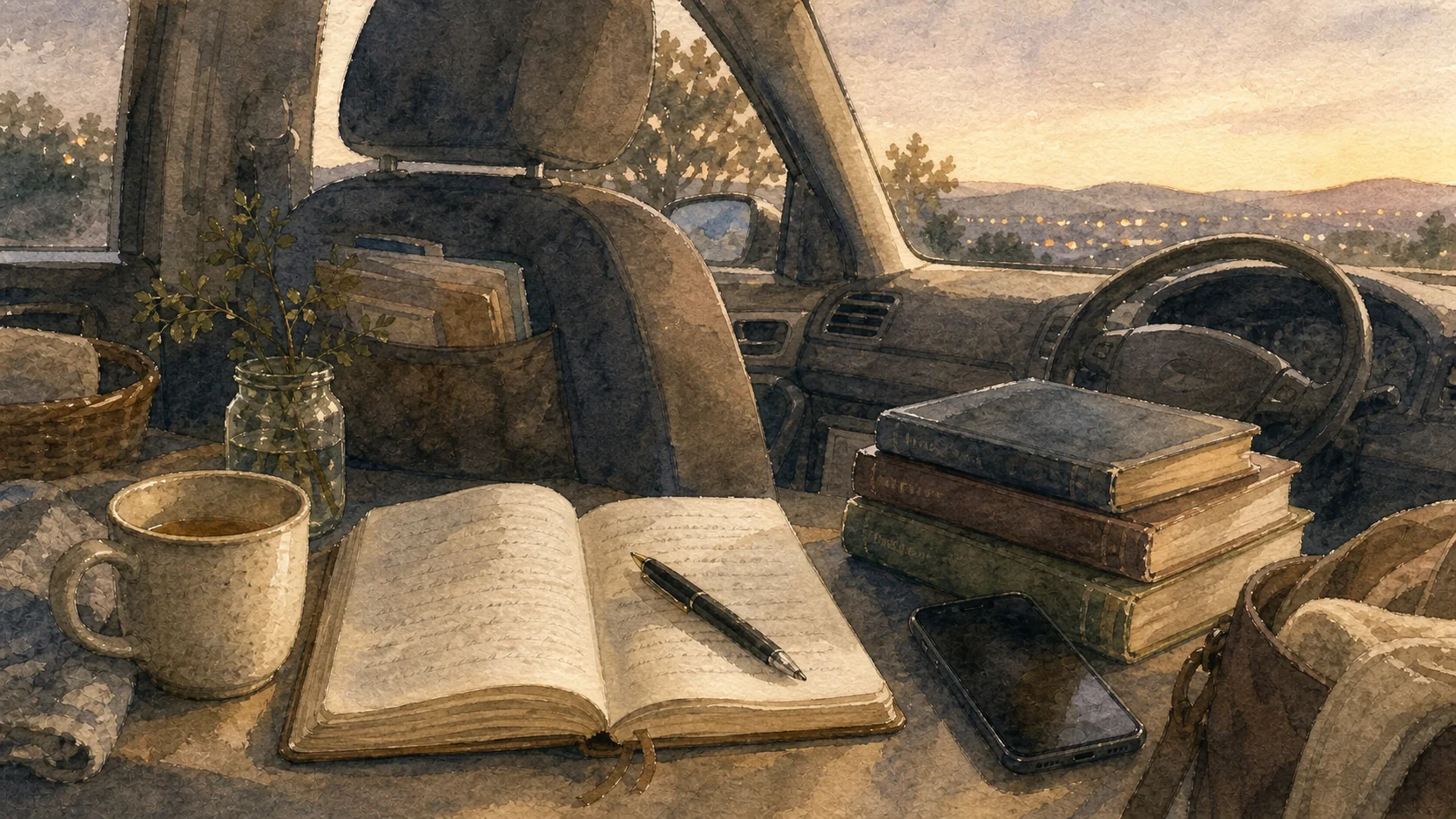 Watercolor of an open notebook, books, phone, and pen in a quiet in-between moment between caregiving visits.